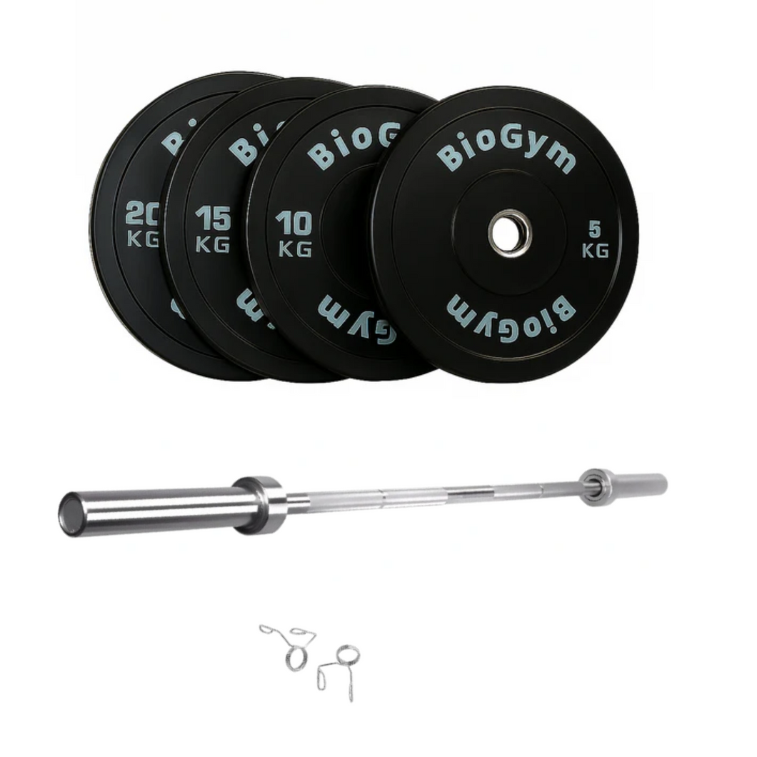 Pack 100 kg discos Bampers Black Series | Biogym + Barra Olimpica 220cm