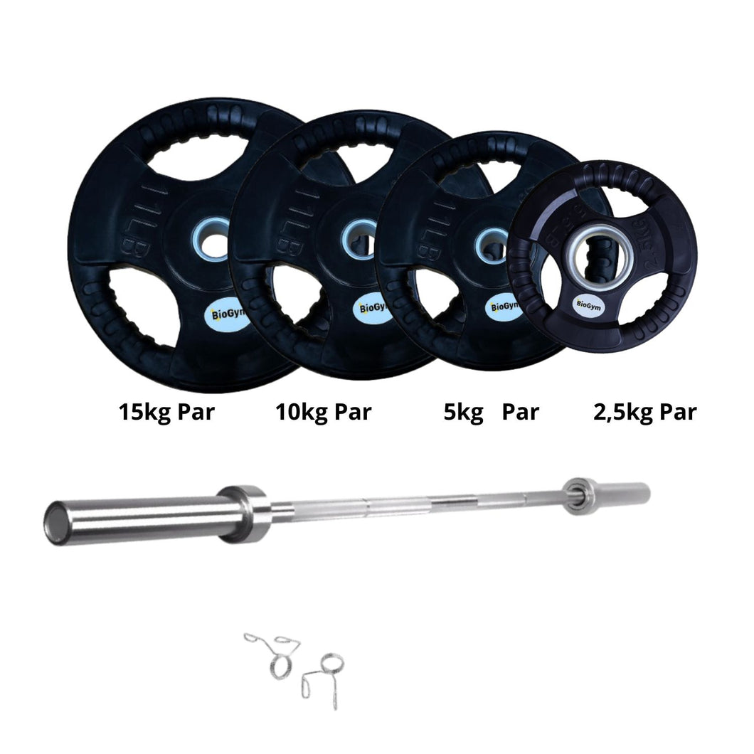 pack 65kg en discos olimpicos grip + barra olimpica de 220cm